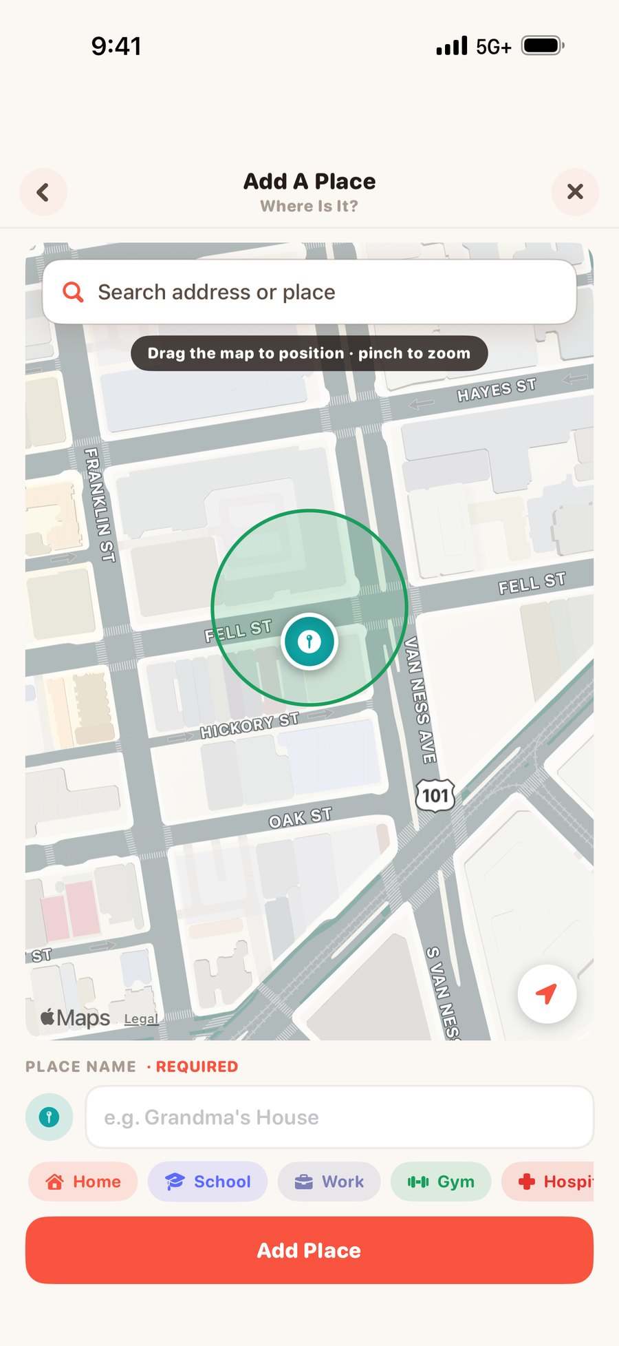 Orbit add-a-place screen: one page, a full-height map sized by pinching, a name field and Home, School, Work and Gym presets