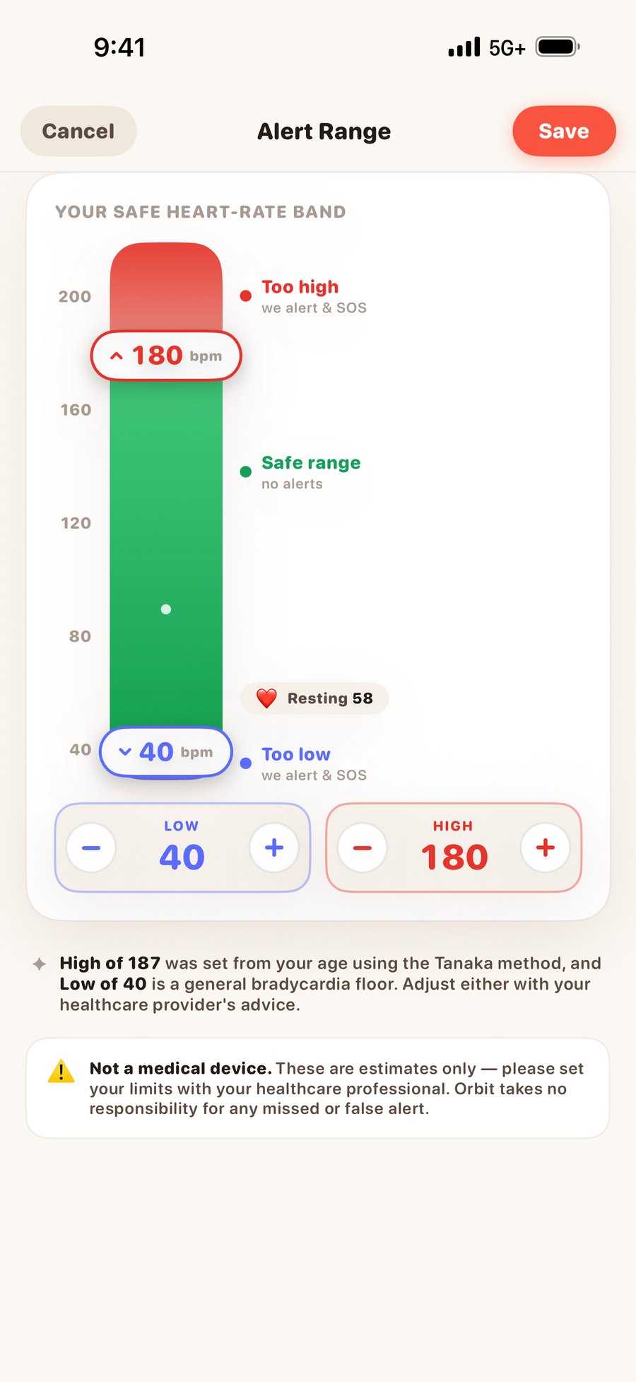 The Orbit alert range editor: a safe heart-rate band from 40 to 180, the age-derived high of 187, and a not-a-medical-device notice