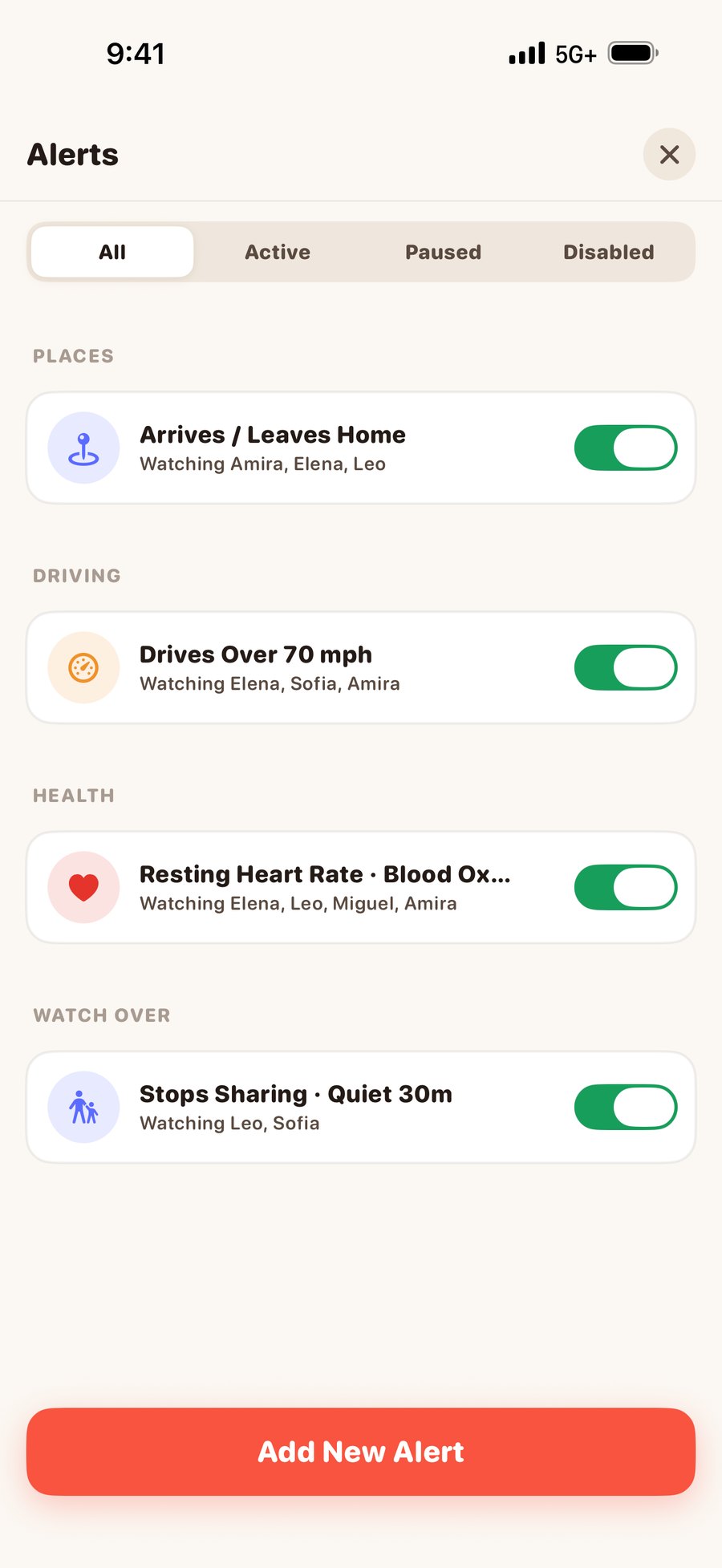 The Orbit alerts panel grouping rules by places, driving, health and Watch Over