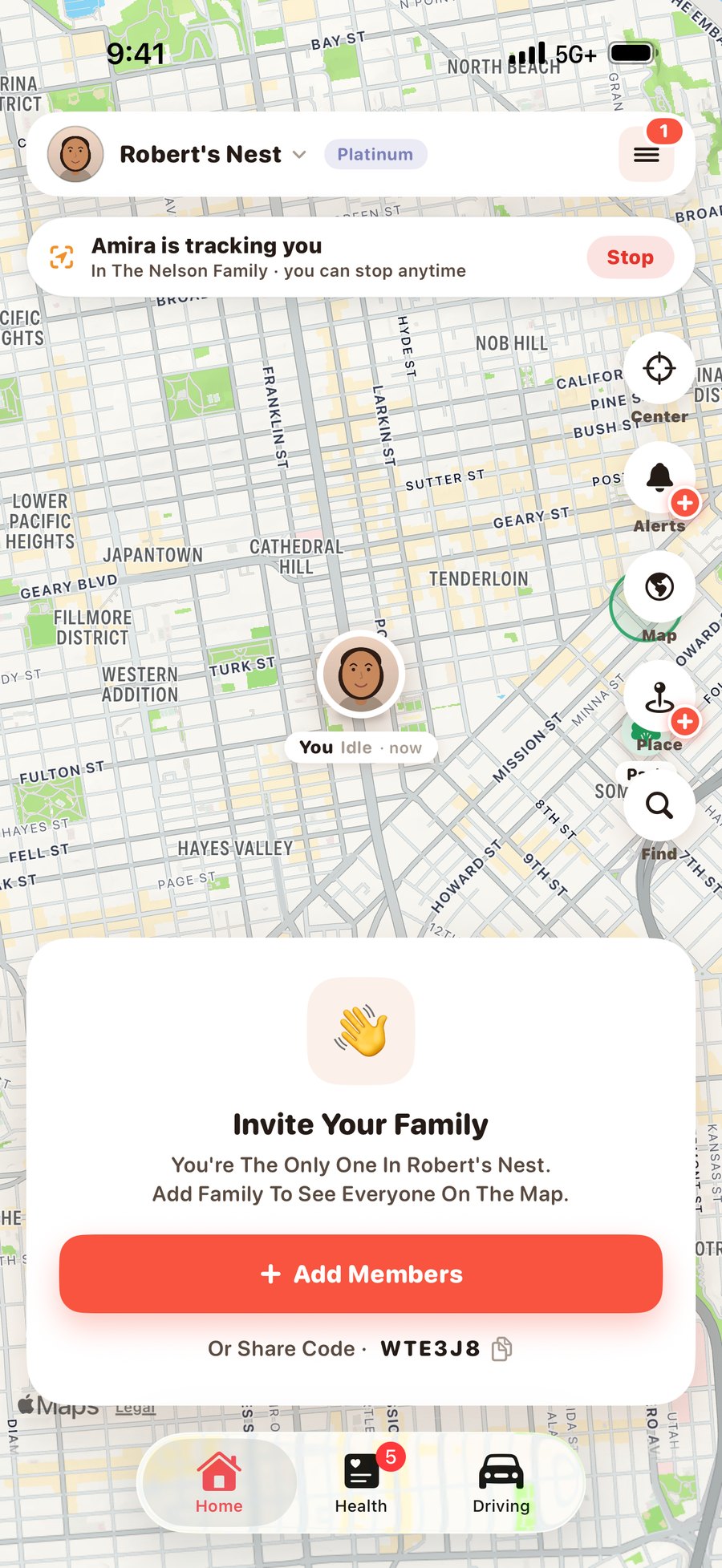 The Orbit banner the person being followed sees: Amira is tracking you, with a Stop button and the countdown