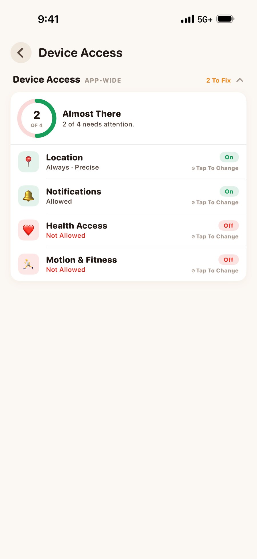 Orbit Device Access: the four app-wide permissions — location, notifications, health and motion — each with its state