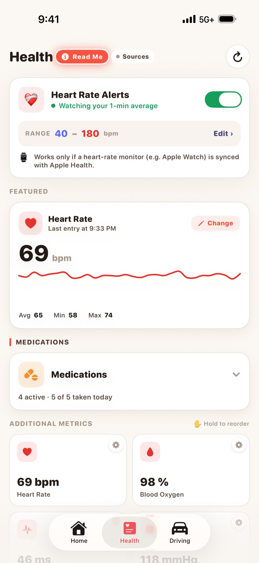 The Orbit Health tab: heart-rate alerts, a live heart-rate card, medications and pinned metrics
