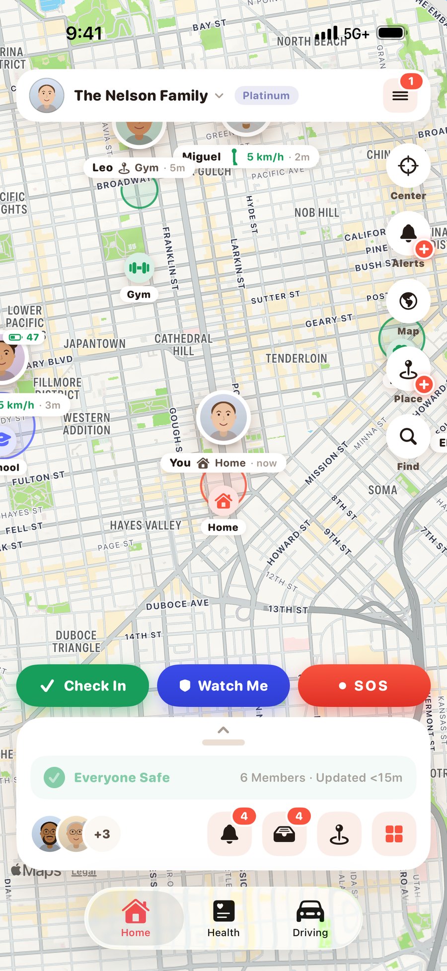 The Orbit Home tab: the live family map with members, places and the SOS button