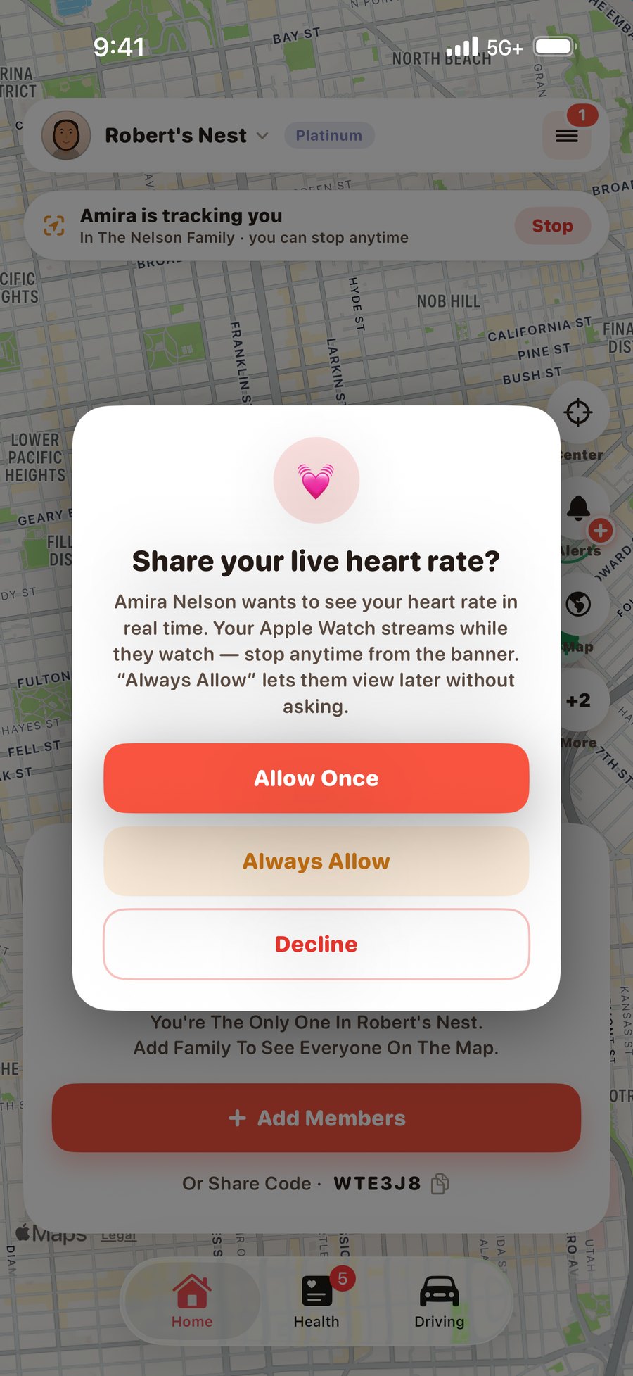 Orbit consent request asking whether to share your live heart rate, with Allow Once, Always Allow and Decline