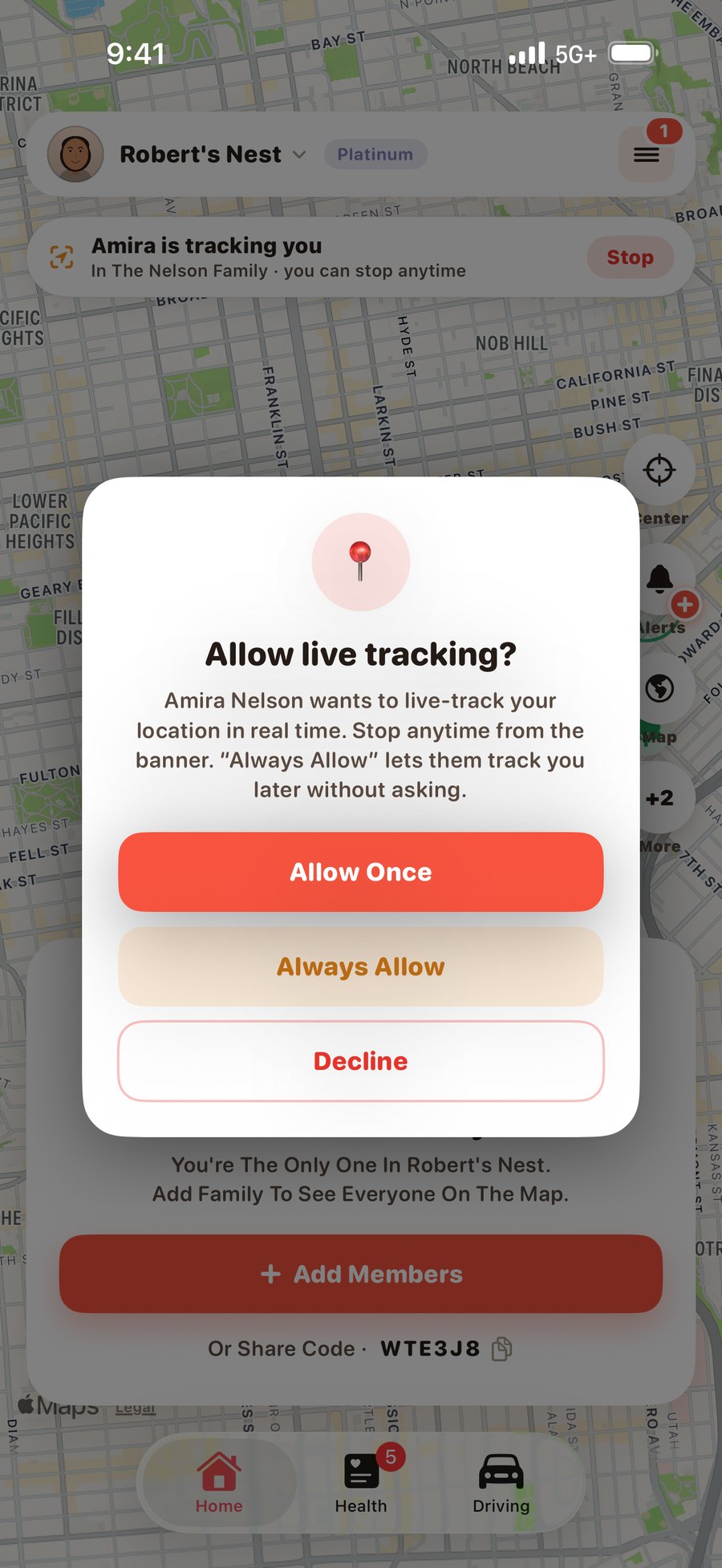 Orbit asking the person being followed: Allow live tracking? — Allow Once, Always Allow or Decline
