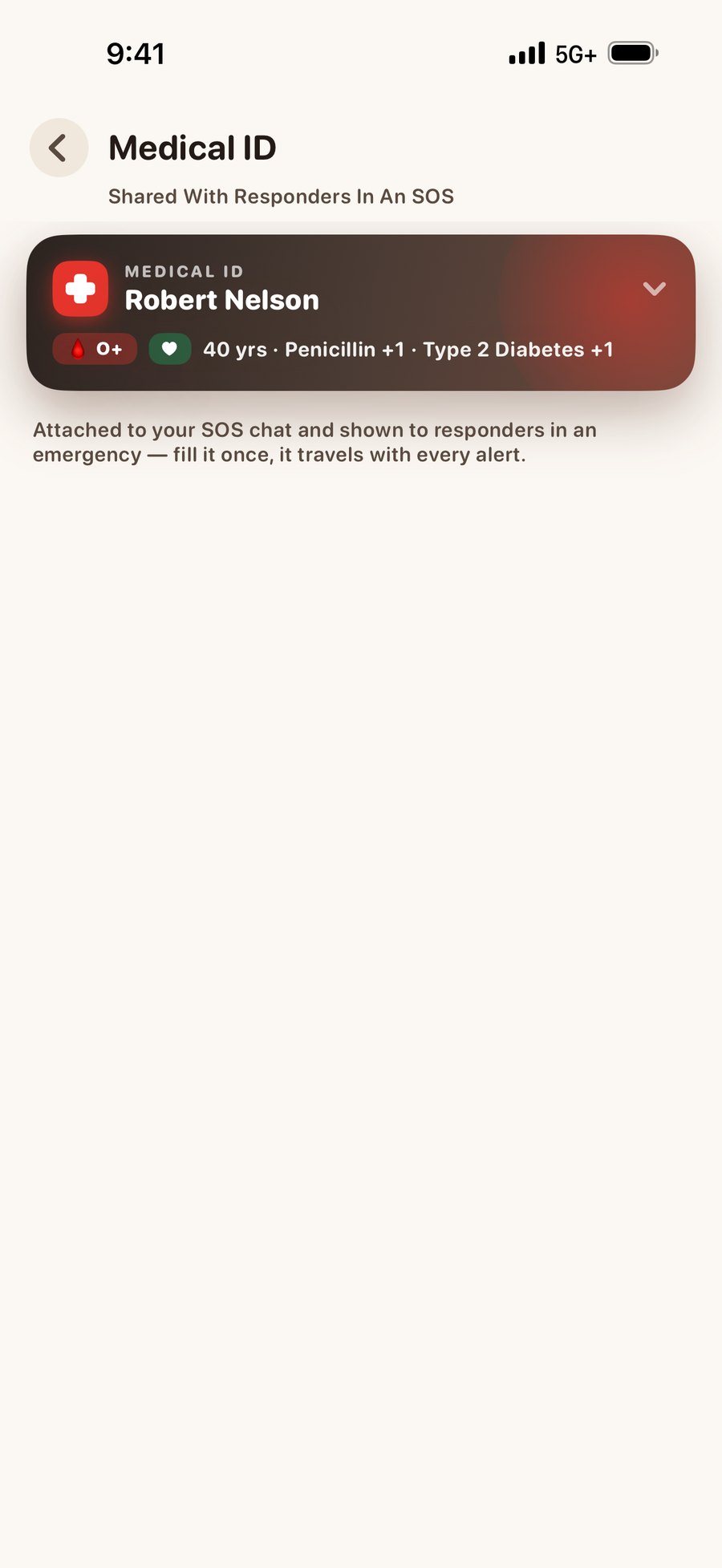 An Orbit Medical ID card — blood type, age, allergies and conditions — attached to the SOS chat and shown to responders