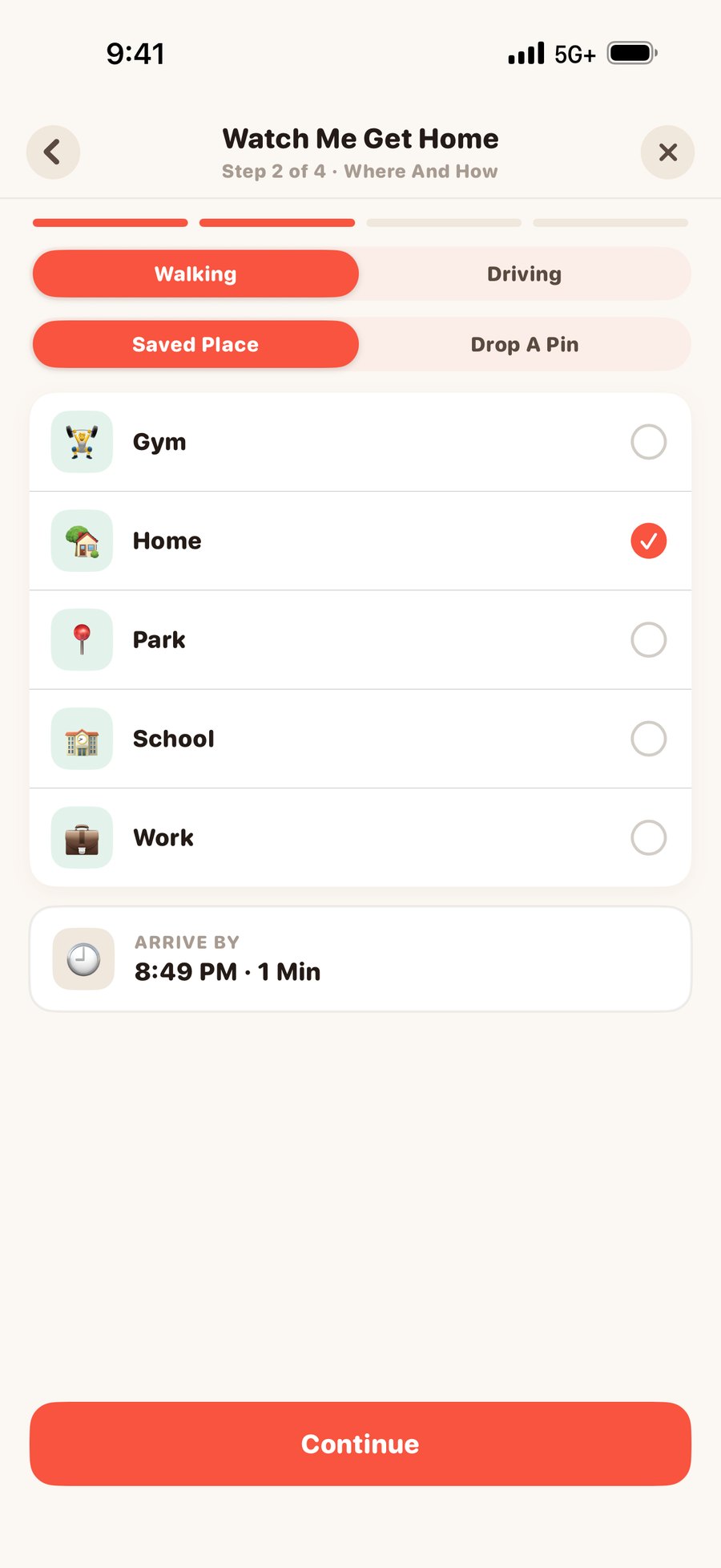 Setting up Watch Me Get Home: walking or driving, and a saved place or a dropped pin as the destination